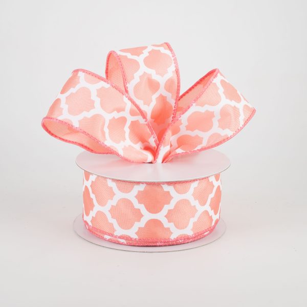 1.5  Satin Quatrefoil Lattice Ribbon: Coral & White (10 Yards) Online