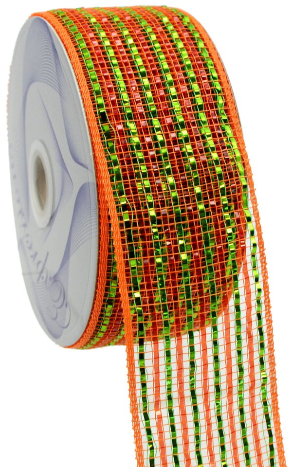 2.5  Poly Deco Mesh Ribbon: Deluxe Wide Foil Lime Orange Stripe Online Hot Sale