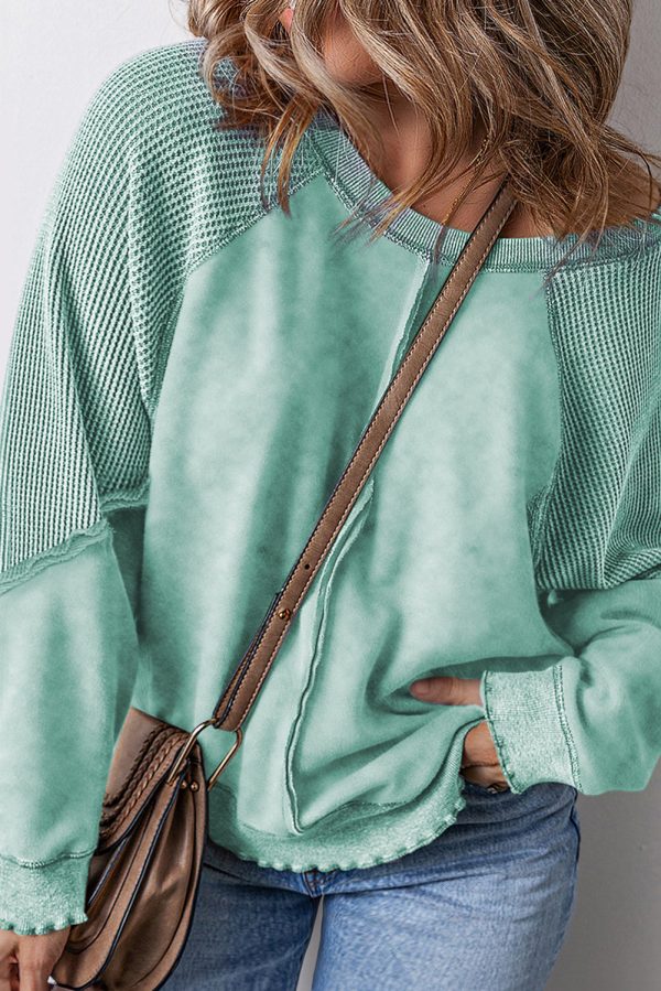 Mineral Blue Textured Patchwork Frilled Trim Plus Size Pullover Sweatshirt on Sale