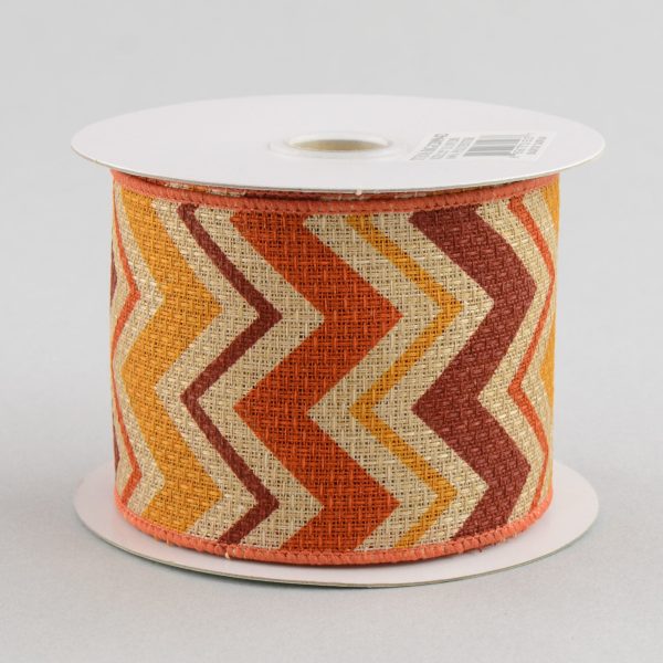 2.5  Faux Burlap Fall Chevron Ribbon: Gold, Orange & Burgundy (10 Yards) For Sale