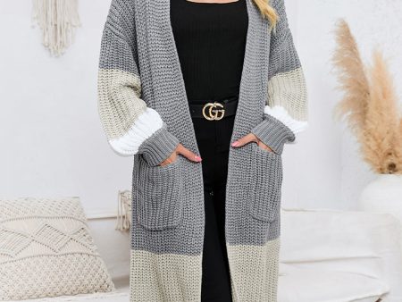 Color Block Long Sleeve Pocketed Cardigan For Sale