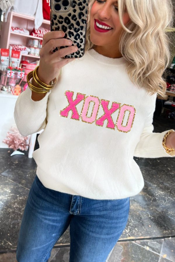 White XOXO Glitter Print Round Neck Casual Sweater Online now