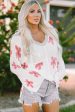 White Floral Print Lightweight Knit Hooded Sweater Online