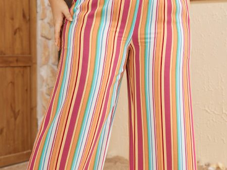 Orange Stripe Plus Size Boho Smocked Waist Loose Pants Supply