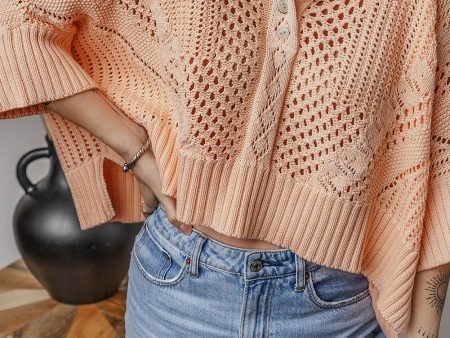 Apricot Pink Hollowed Knit 3 4 Dolman Sleeve Buttoned Collared Sweater Discount