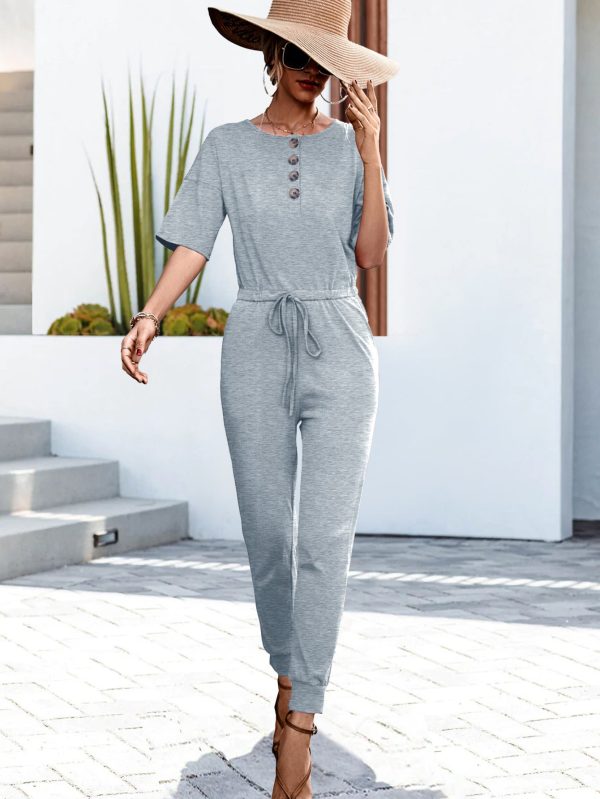 Buttoned Half Sleeve Round Neck Jumpsuit Online now