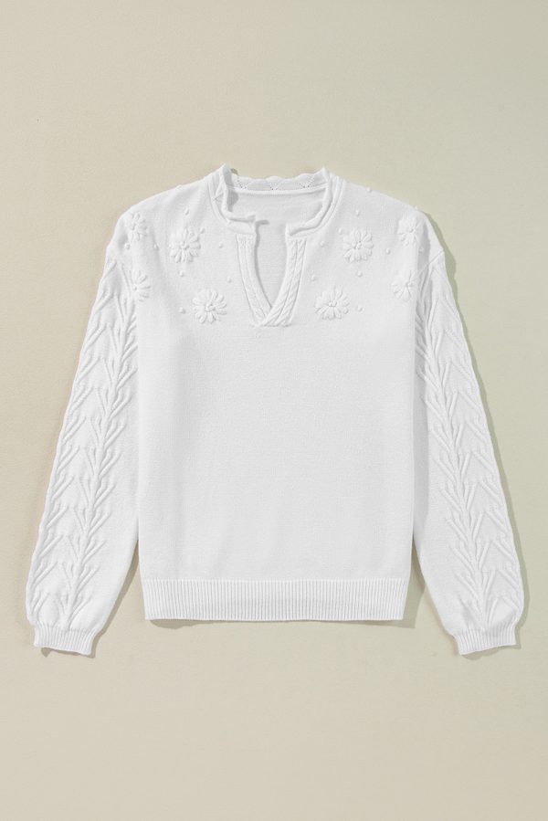 White Flower Detail Knitted Notched Neck Sweater For Discount