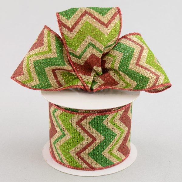 2.5  Faux Burlap Metallic Holiday Chevron Ribbon: Red, Lime & Green (10 Yards) Online Hot Sale