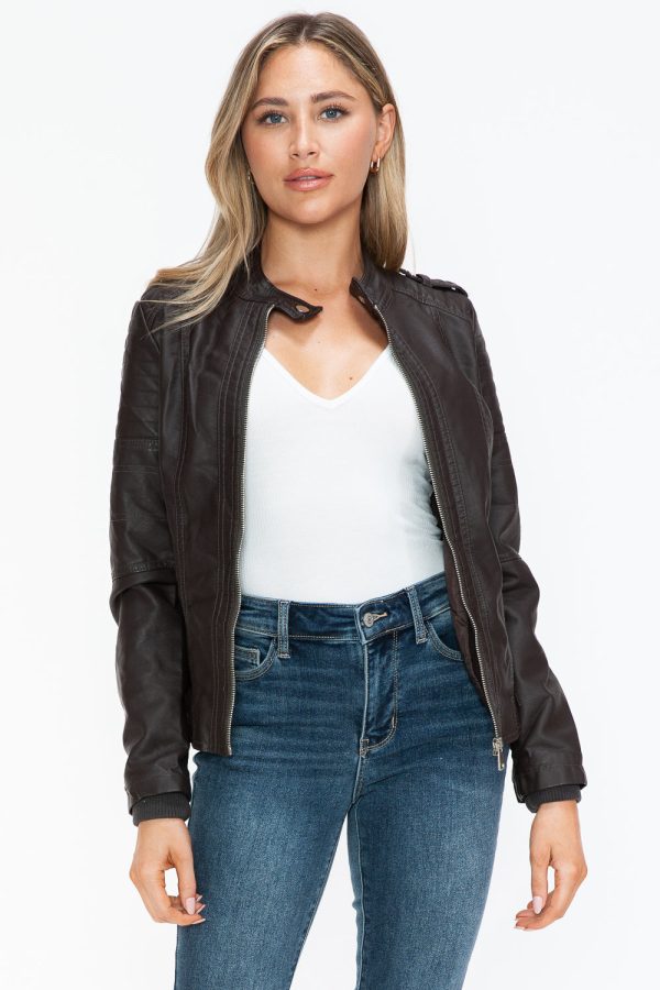 Snobbish PU Leather Biker Jacket with Side Zip Pockets Supply