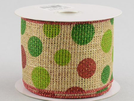 2.5  Faux Burlap Metallic Holiday Polka Dot Ribbon: Red, Lime & Green (10 Yards) Supply