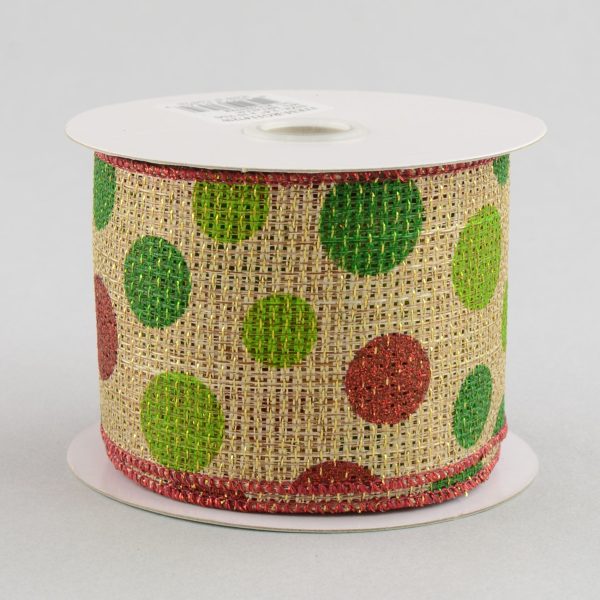 2.5  Faux Burlap Metallic Holiday Polka Dot Ribbon: Red, Lime & Green (10 Yards) Supply