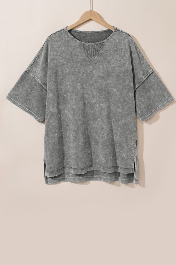 Light Grey Mineral Wash Drop Sleeve Patchwork Plus Tee For Cheap