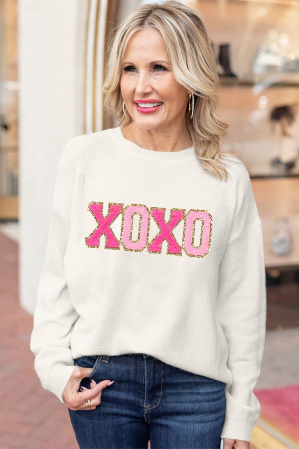 White XOXO Glitter Print Round Neck Casual Sweater Online now