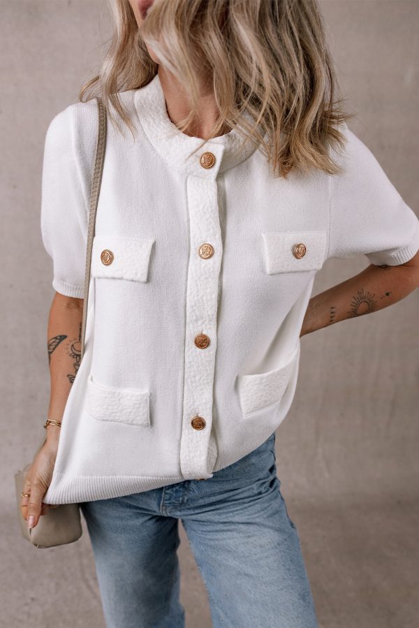 White Gold Buttons Textured Sweater T Shirt Cheap