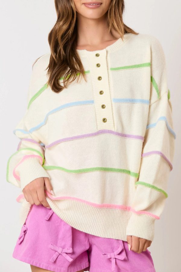 White Rainbow Stripes Drop Shoulder Baggy Henley Sweater Online Hot Sale