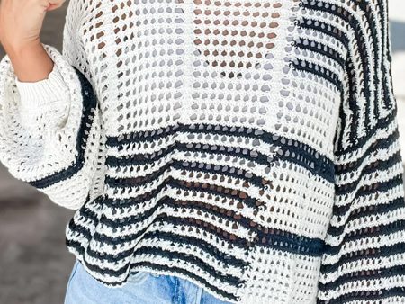 White Stripe Contrast Striped Crochet Puff Sleeve Sweater For Sale