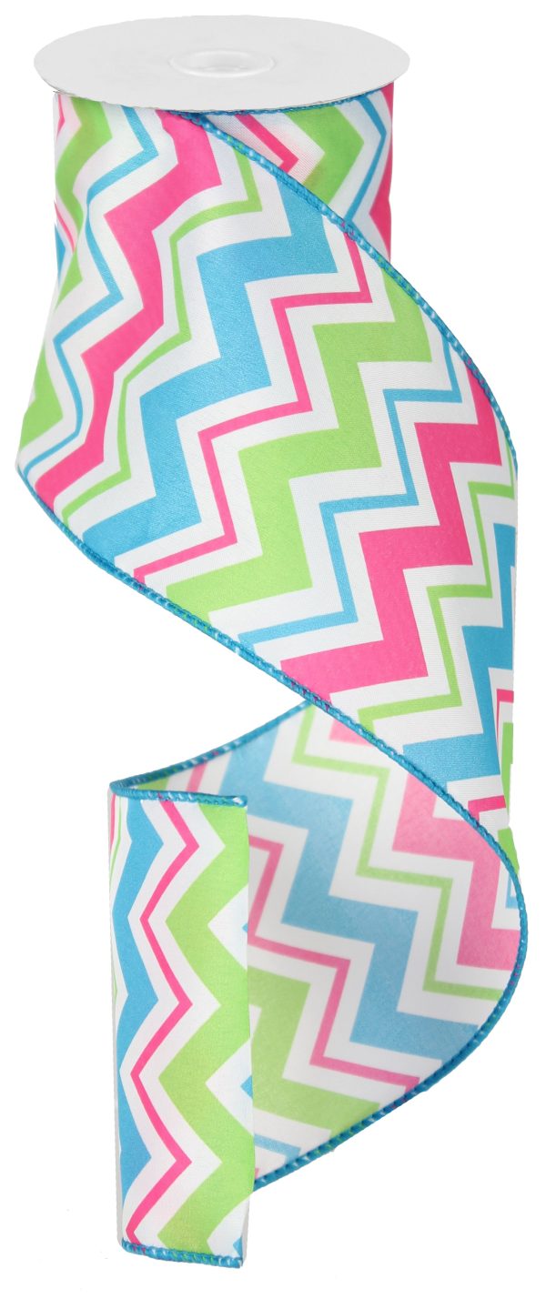 4  Satin Spring Chevron Ribbon: Blue, Pink & Lime Hot on Sale