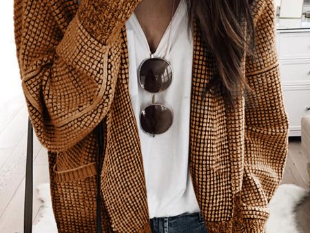 Brown Chunky Waffle Knit Oversized Collar Cardigan For Sale