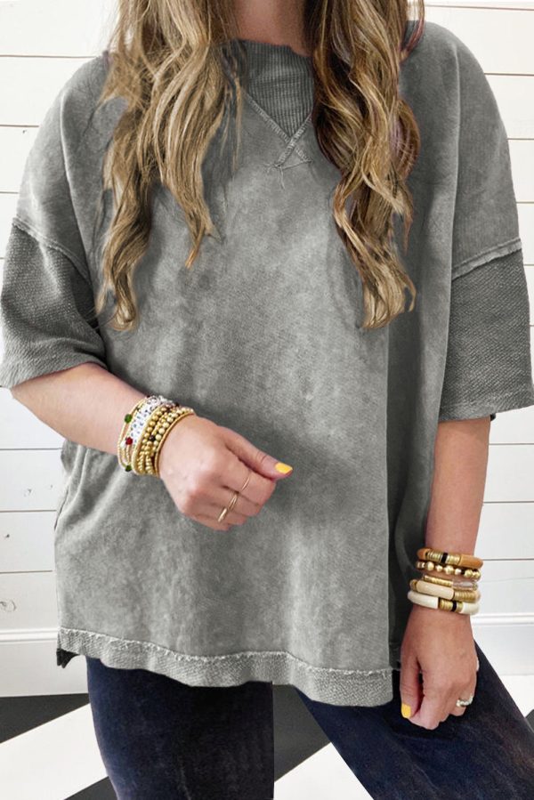 Light Grey Mineral Wash Drop Sleeve Patchwork Plus Tee For Cheap