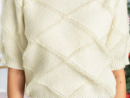 White Rhombus Pattern Ribbed Trim Short Sleeve Sweater Online Sale