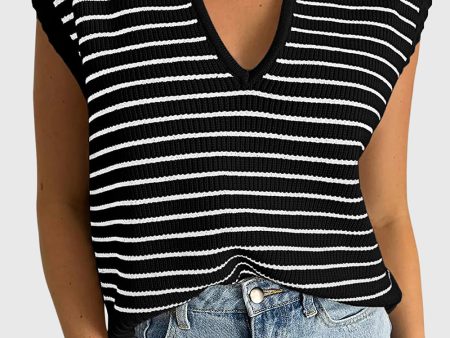 Black Stripe Turn-down V Neck Sweater Tank Top Supply