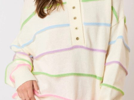 White Rainbow Stripes Drop Shoulder Baggy Henley Sweater Online Hot Sale