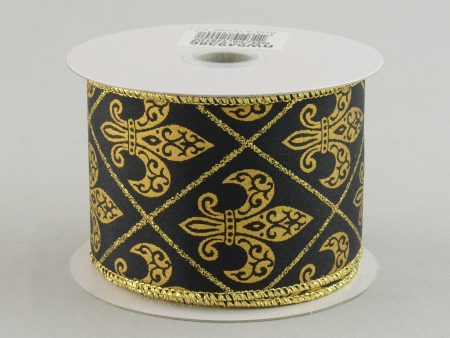 2.5  Black Gold Harlequin Fleur De Lis Ribbon (10 Yards) Online Sale