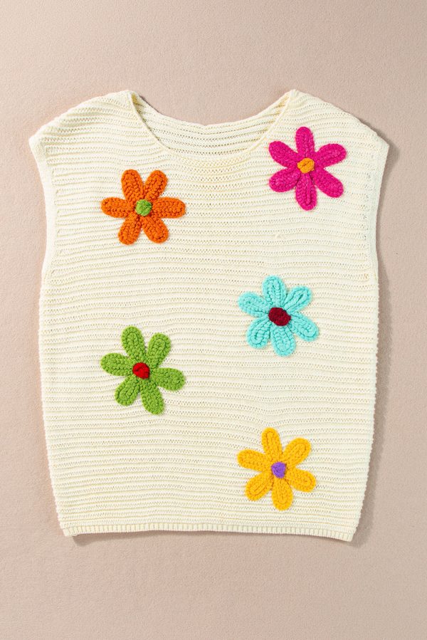 White Flower Crochet Round Neck Knitted Top For Cheap