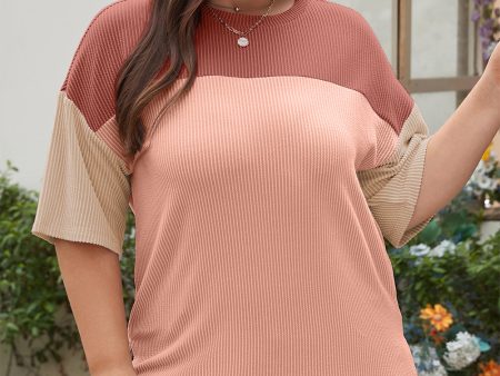 Rose Pink Plus Size Ribbed Colorblock T-shirt Fashion