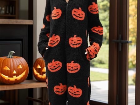 Fuzzy Pumpkin Half Zip Hooded Jumpsuit Sale