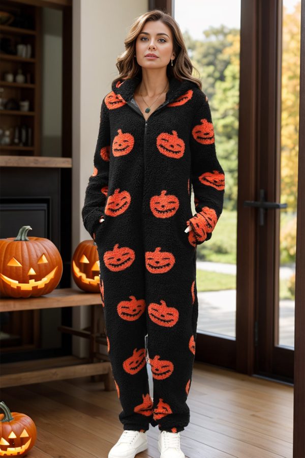 Fuzzy Pumpkin Half Zip Hooded Jumpsuit Sale