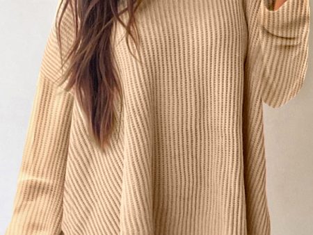 Apricot Cable Knit Drop Shoulder Side Slits Loose Sweater Supply