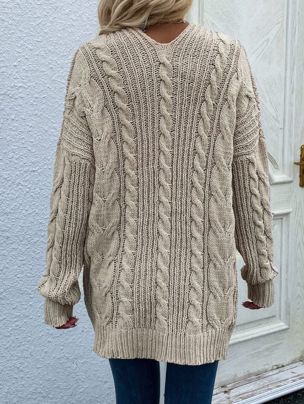 Woven Right Cable-Knit Open Front Cardigan with Front Pockets on Sale