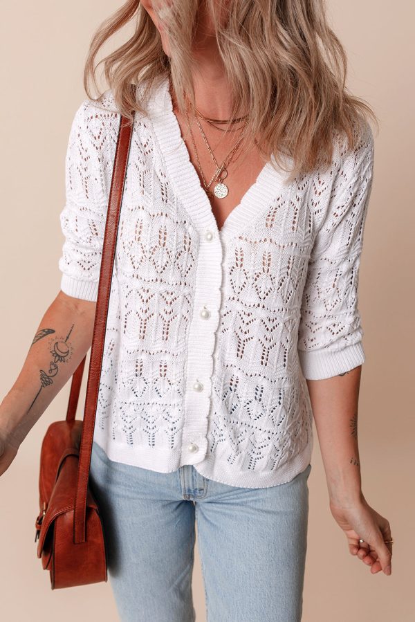 White Frenchy Hollow Out Knitted V Neck Cardigan Hot on Sale