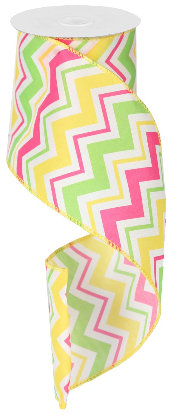 4  Satin Spring Chevron Ribbon: Pink, Yellow & Lime Cheap