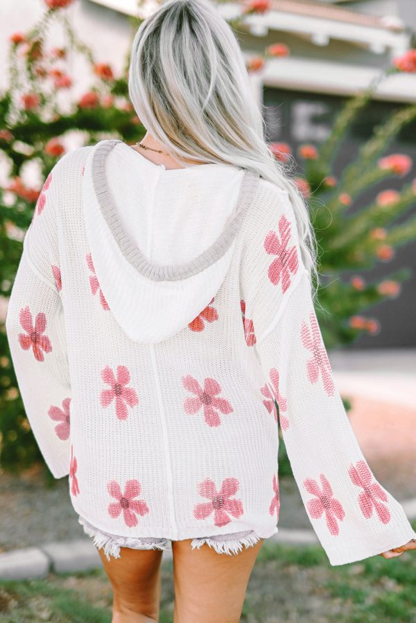 White Floral Print Lightweight Knit Hooded Sweater Online