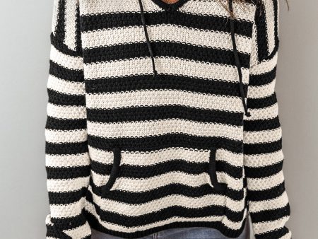 White Stripe V Neck Pocketed Drawstring Hooded Sweater Hot on Sale