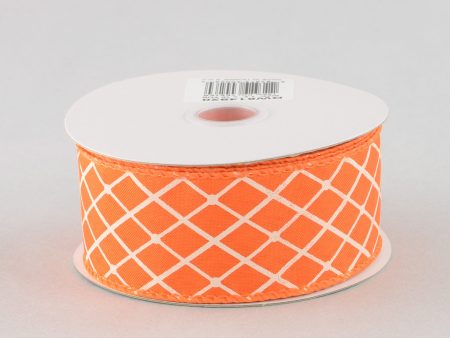 1.5  White Trellis Diamond Pattern Ribbon: Orange Hot on Sale