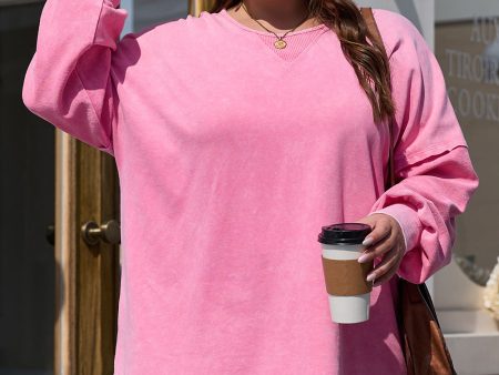 Pink Plus Size Mineral Wash Drop Shoulder Round Neck Sweatshirt Online now