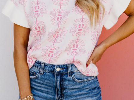 White Floral Printed Ruffled Short Sleeve Sweater Discount