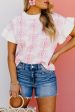 White Floral Printed Ruffled Short Sleeve Sweater Discount