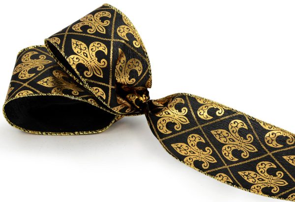 2.5  Black Gold Harlequin Fleur De Lis Ribbon (10 Yards) Online Sale