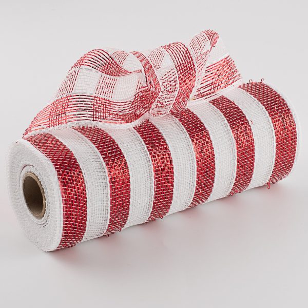 10  Poly Deco Mesh: Metallic Red White Stripe Cheap