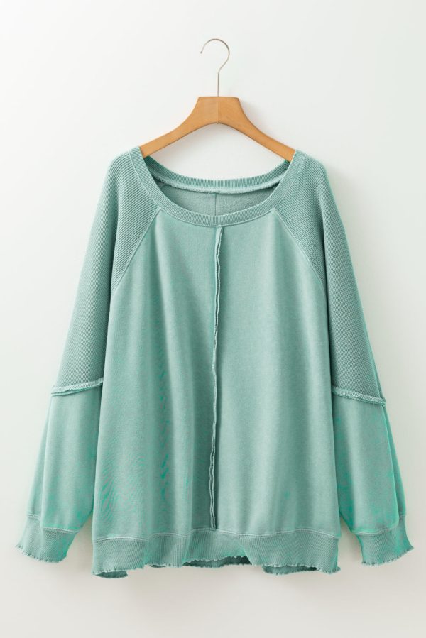 Mineral Blue Textured Patchwork Frilled Trim Plus Size Pullover Sweatshirt on Sale