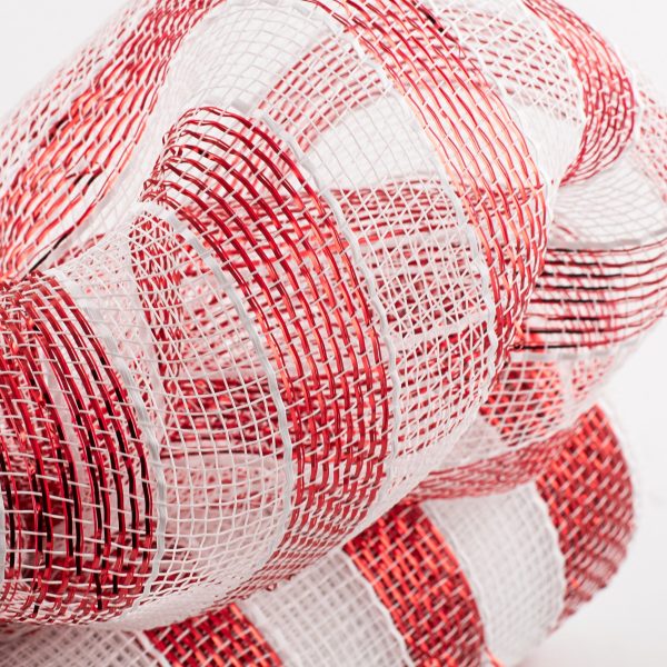 10  Poly Deco Mesh: Metallic Red White Stripe Cheap