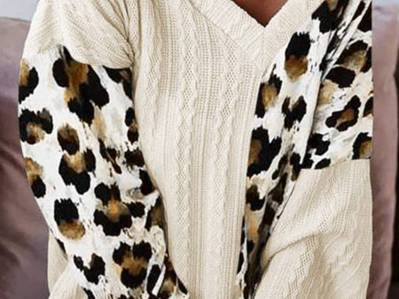 Beige Asymmetric Leopard Patchwork Wide Sleeve V Neck Sweater on Sale