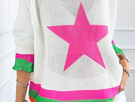 White Star Pattern Colorblock Striped Edge Drop Shoulder Sweater Online