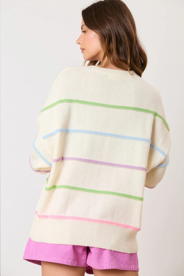 White Rainbow Stripes Drop Shoulder Baggy Henley Sweater Online Hot Sale