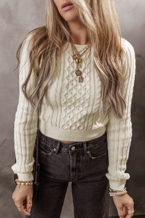 White Cable Knit Cropped Sweater Discount