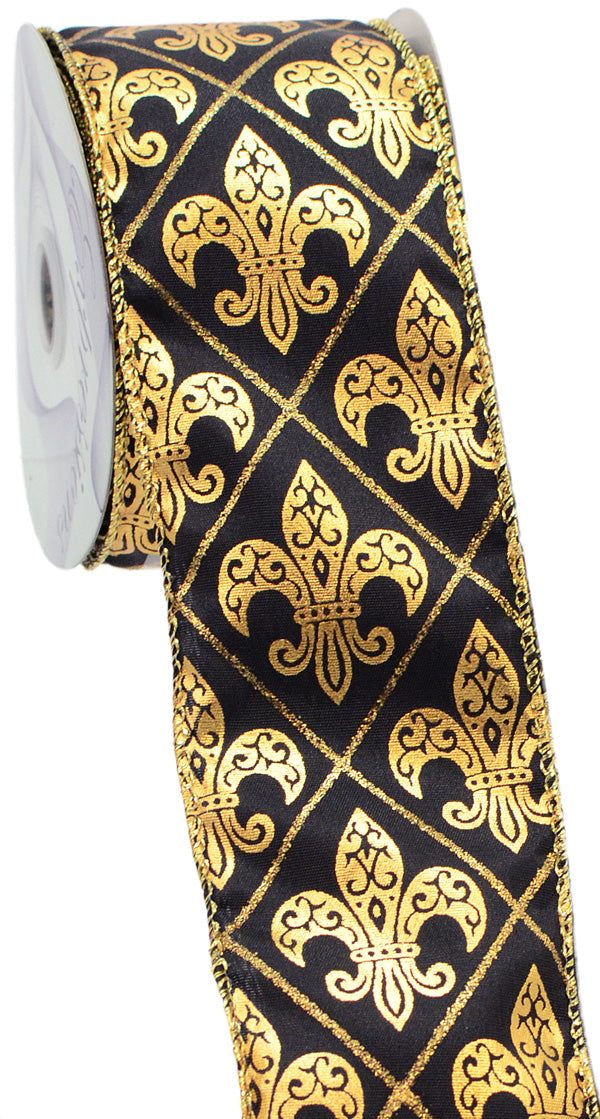 2.5  Black Gold Harlequin Fleur De Lis Ribbon (10 Yards) Online Sale